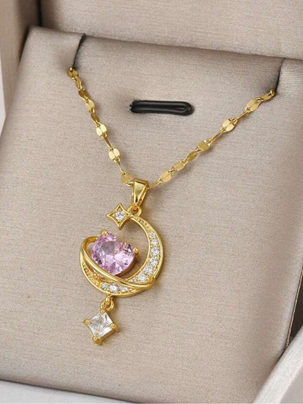 Gold Pendant Necklace with Pink Heart Gem - Elegant Women's Jewelry